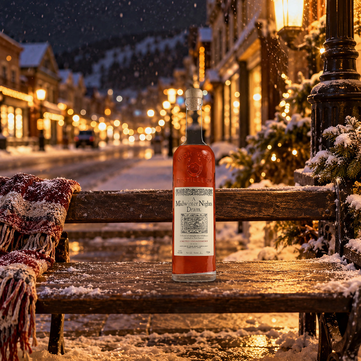High West A Midwinter Night's Dram Whiskey snowy main street bench - Liquor Geeks