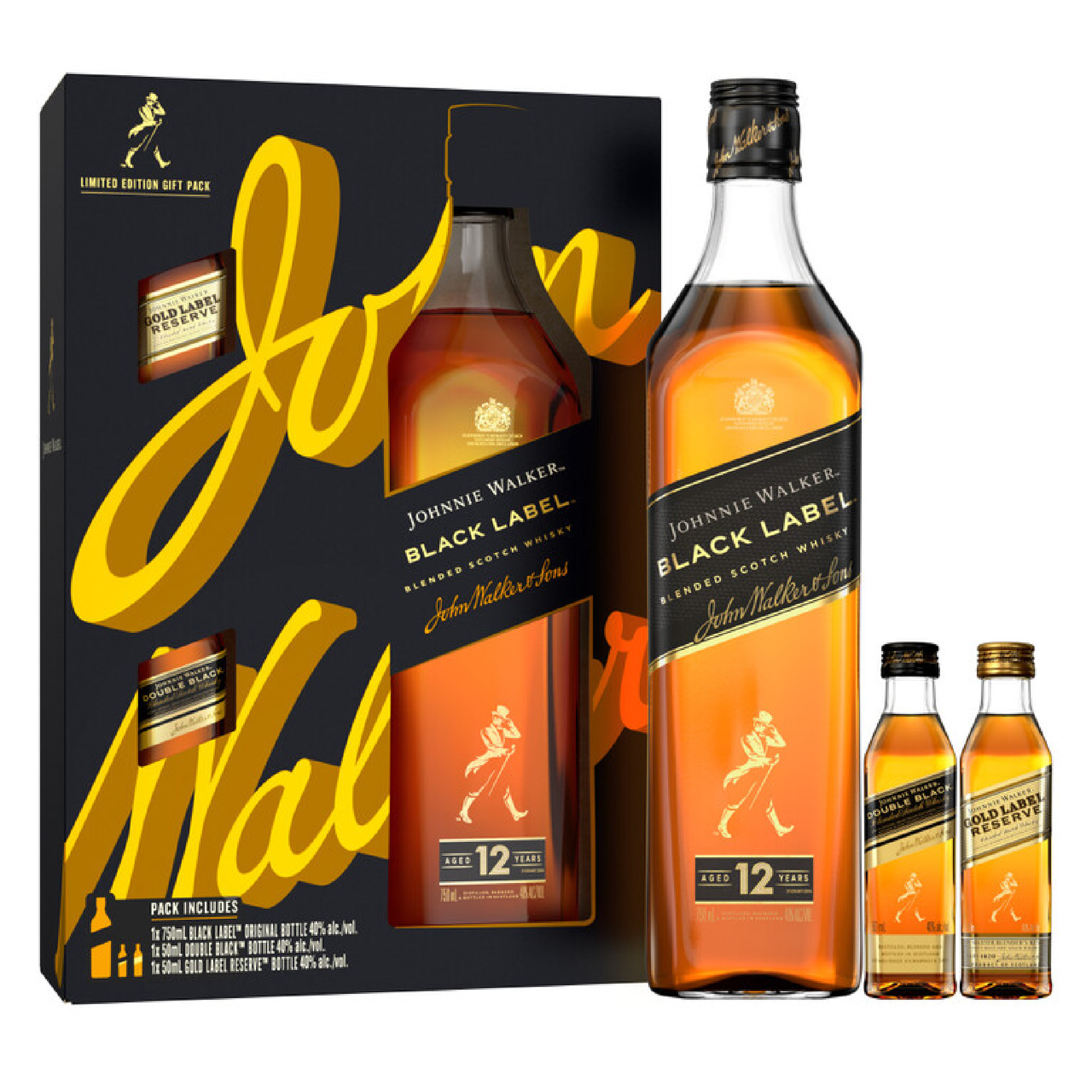 Johnnie Walker Blended Scotch Black Label 12 Yr 80 W/ 1-50Ml Double Black & 1-50Ml Gold Reserve - Liquor Geeks