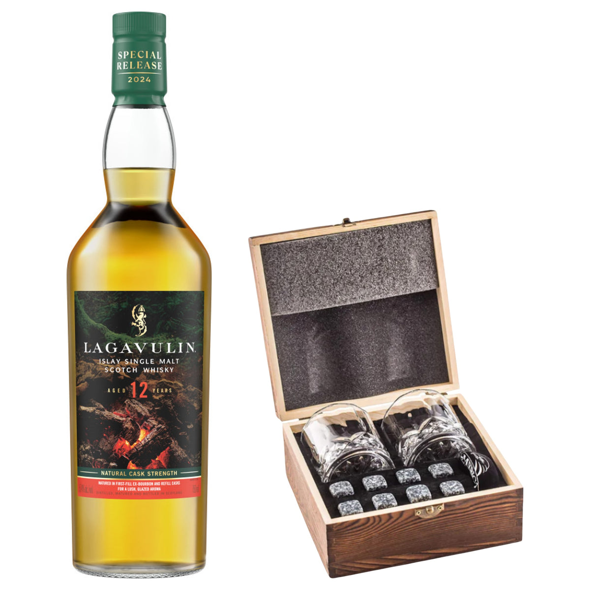 Lagavulin 12 Year Cask Strength With Gift — Wooden Box, 2 Glasses & Whiskey Stones
