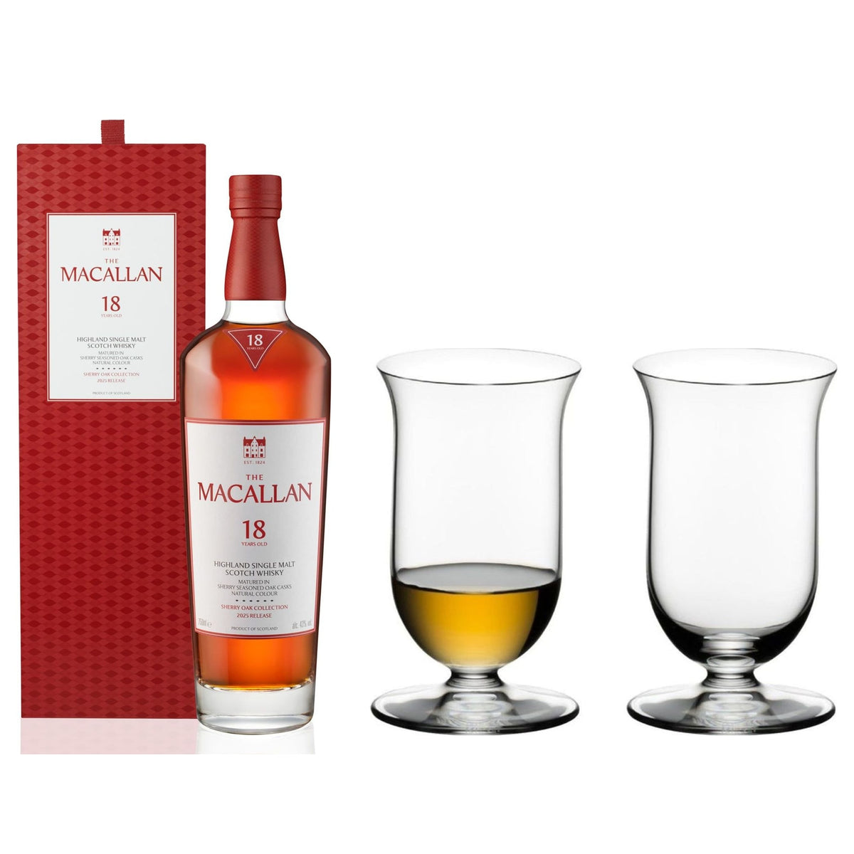 The Macallan 18 Year Sherry Oak & Riedel Vinum Single Malt Glasses — Bottle & 2 Crystal Glasses