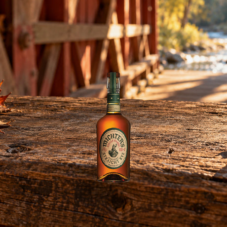 Michters US1 Single Barrel Straight Rye Whiskey covered bridge rail - Liquor Geeks