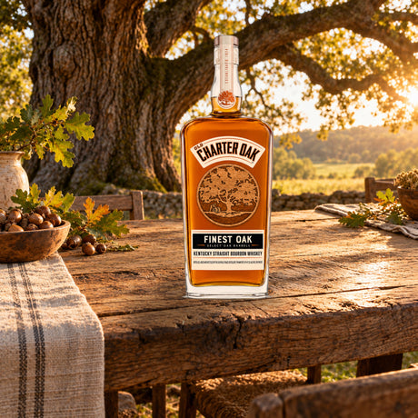 Old Charter Oak Finest Oak Kentucky Straight Bourbon Whiskey oak canopy table - Liquor Geeks
