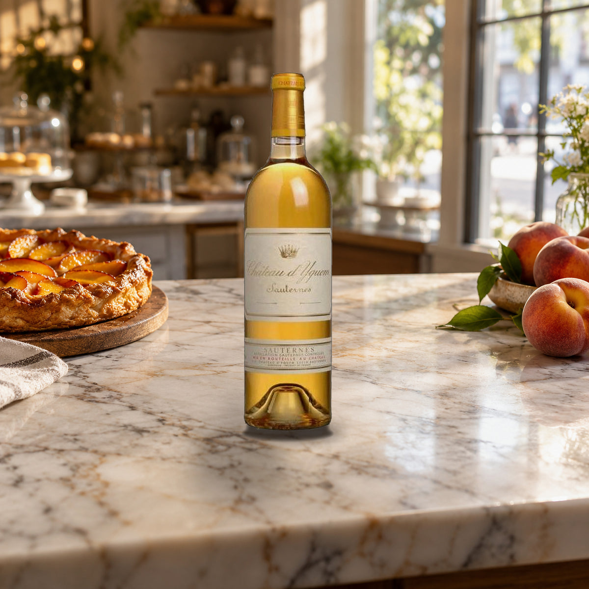 Chateau D'yquem Sauternes 2021 With Wood Box peach tart table - Liquor Geeks