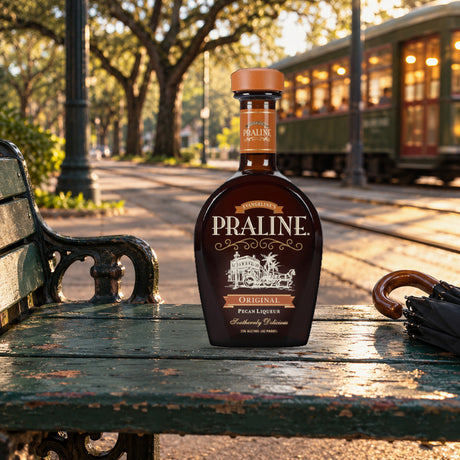 Praline Original Pecan Liqueur streetcar bench - Liquor Geeks