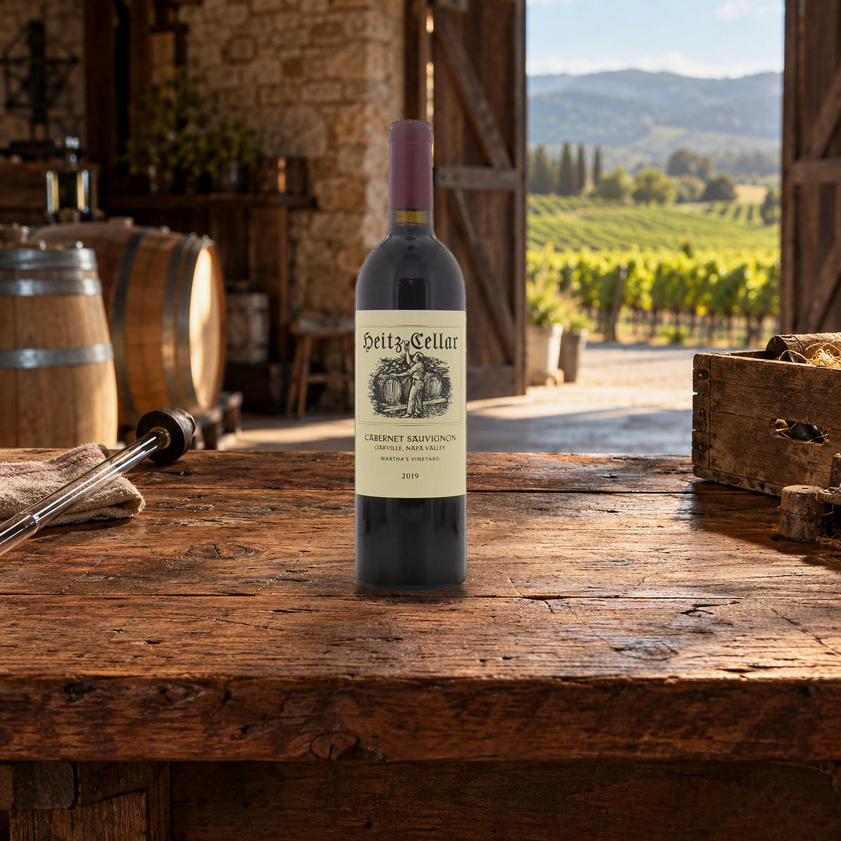 Heitz Cellar Cabernet Sauvignon Martha's Vineyard Napa Valley 2019 With Wood Box redwood barn bench - Liquor Geeks