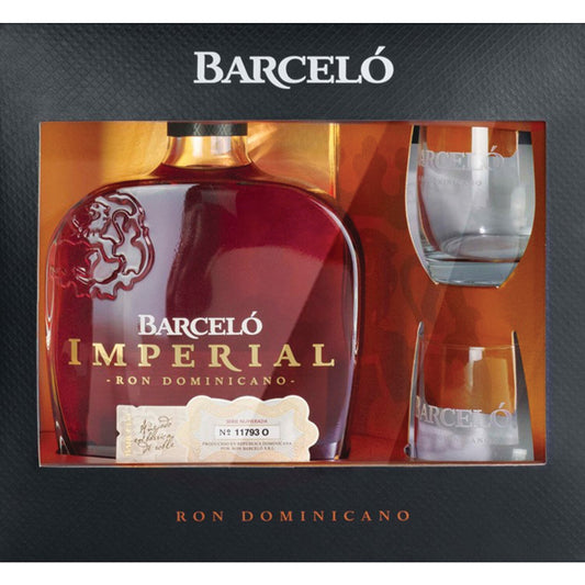Ron Barcelo Gold Rum Imperial W/ 2 Rocks Glasses - Liquor Geeks