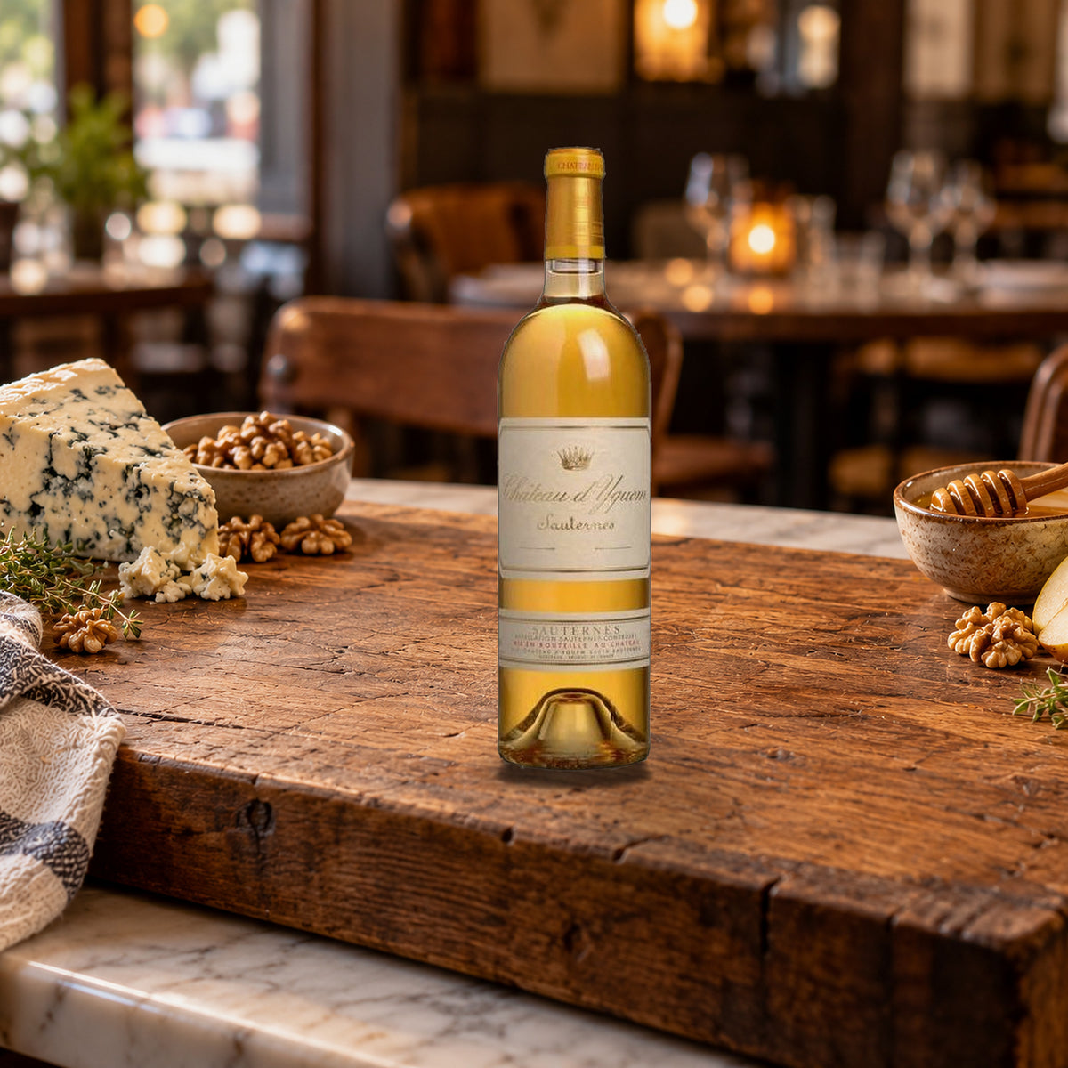 Chateau D'yquem Sauternes 2021 With Wood Box roquefort board - Liquor Geeks