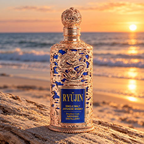 Ryujin Single Malt Bourbon Cask Japanese Whisky on the beach at sunset - Liquor Geeks
