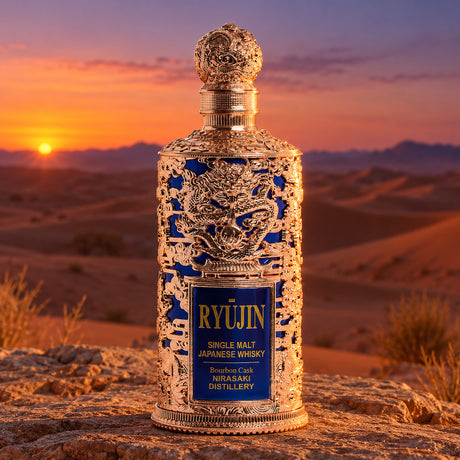 Ryujin Single Malt Bourbon Cask Japanese Whisky in the desert at dusk - Liquor Geeks