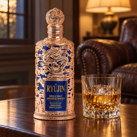 Ryujin Single Malt Bourbon Cask Japanese Whisky at home with a glass - Liquor Geeks