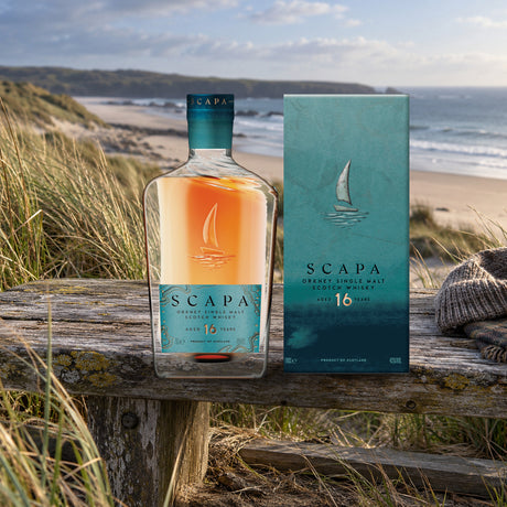 Scapa Single Malt Scotch 16 Year Old Whiskey dune grass bench - Liquor Geeks