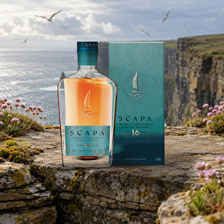 Scapa Single Malt Scotch 16 Year Old Whiskey orkney cliff ledge - Liquor Geeks