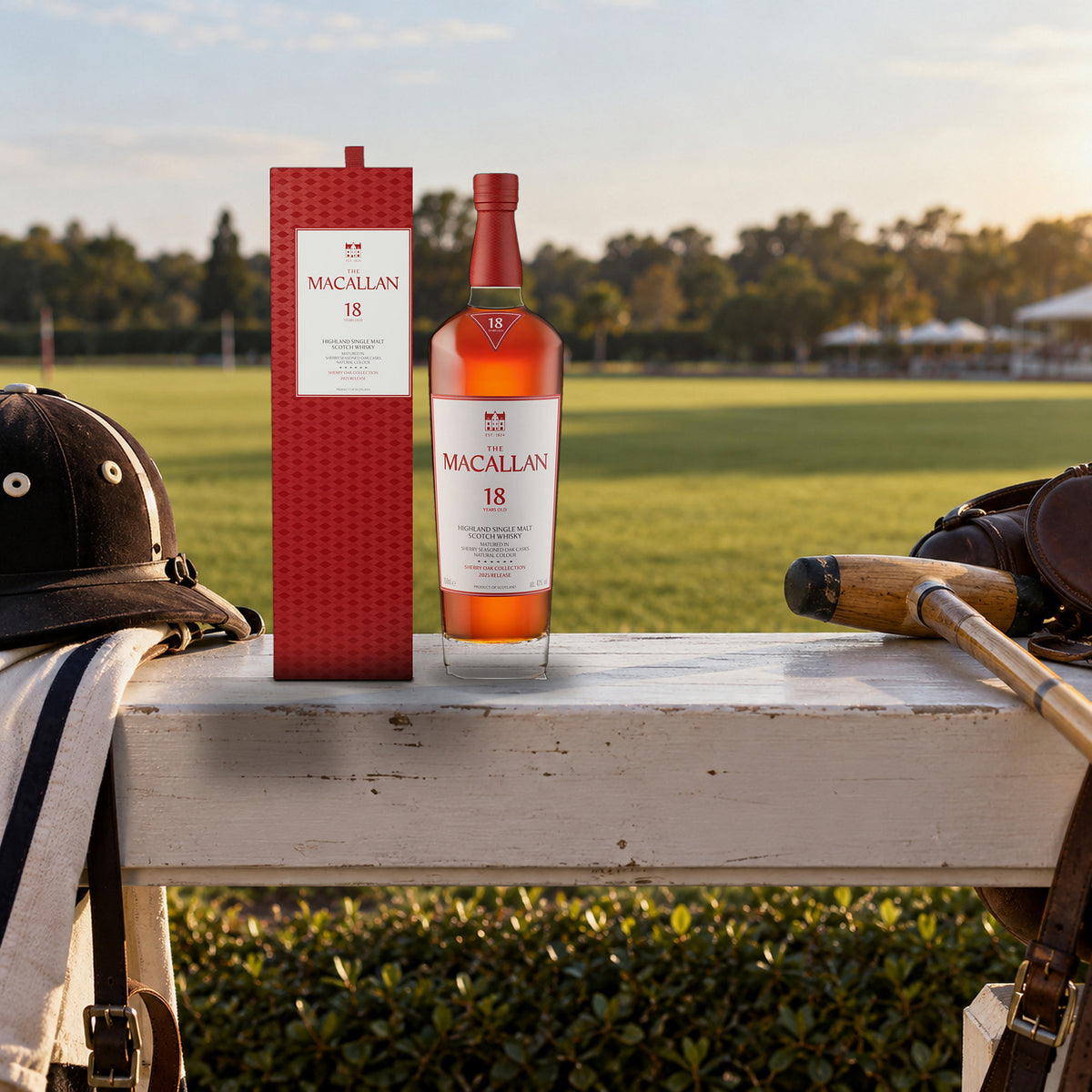 The Macallan 18 Year Old Sherry Oak Single Malt Scotch Whiskey polo field rail - Liquor Geeks
