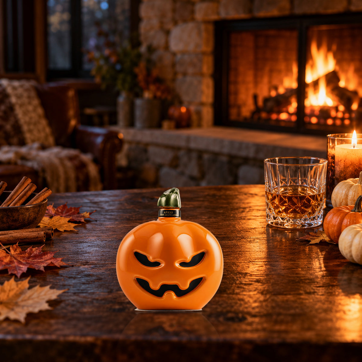 Tierra Sagrada Añejo Tequila Halloween Edition by the fireplace with a glass - Liquor Geeks