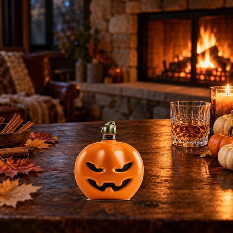 Tierra Sagrada Añejo Tequila Halloween Edition by the fireplace with a glass - Liquor Geeks