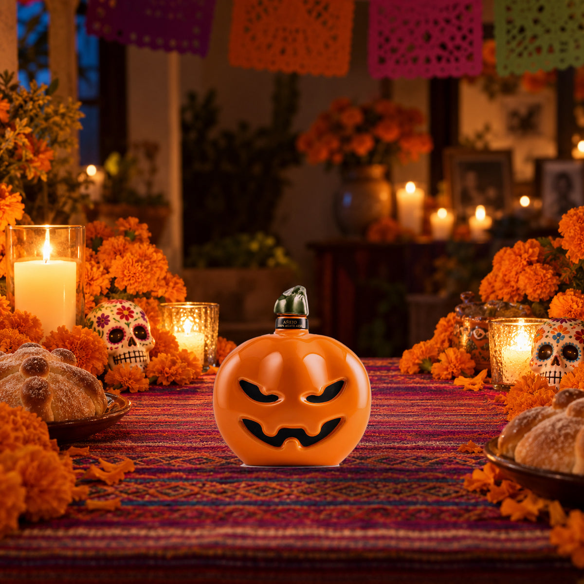Tierra Sagrada Añejo Tequila Halloween Edition on a Día de los Muertos ofrenda - Liquor Geeks