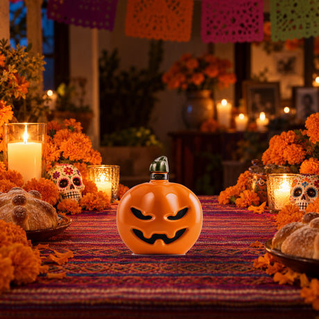 Tierra Sagrada Añejo Tequila Halloween Edition on a Día de los Muertos ofrenda - Liquor Geeks