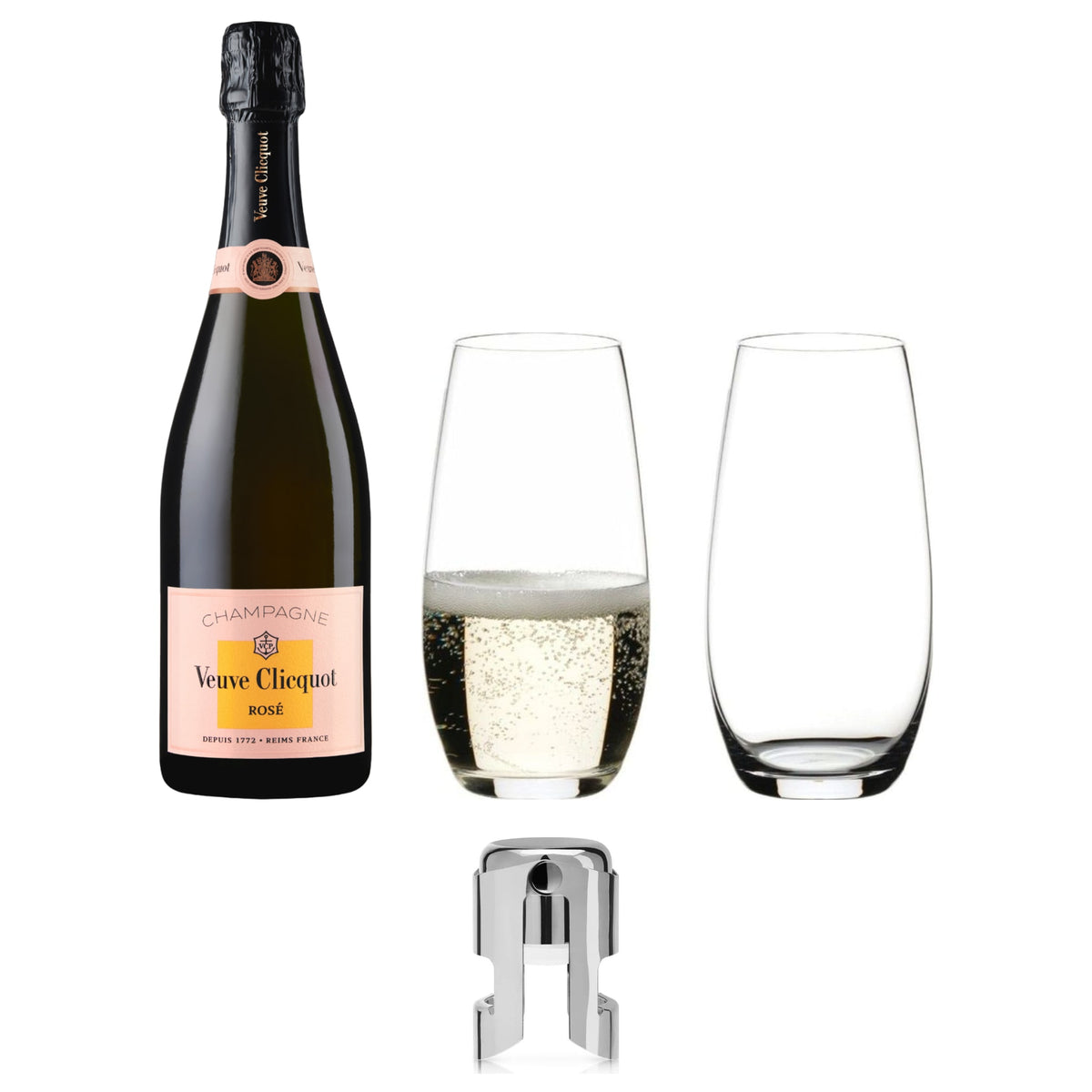 Veuve Clicquot Brut Rosé, Riedel Flutes & Champagne Stopper — Bottle, 2 Crystal Flutes & Stopper