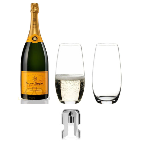 Veuve Clicquot Yellow Label, Riedel Flutes & Champagne Stopper — Bottle, 2 Crystal Flutes & Stopper
