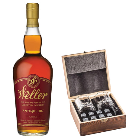 Weller Antique 107 With Gift — Wooden Box, 2 Glasses & Whiskey Stones