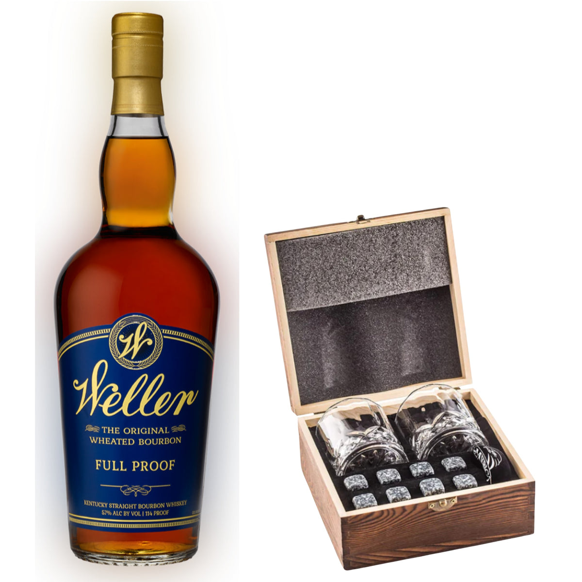 Weller Full Proof With Gift — Wooden Box, 2 Glasses & Whiskey Stones