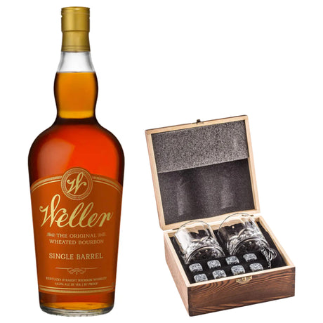 Weller Single Barrel With Gift — Wooden Box, 2 Glasses & Whiskey Stones