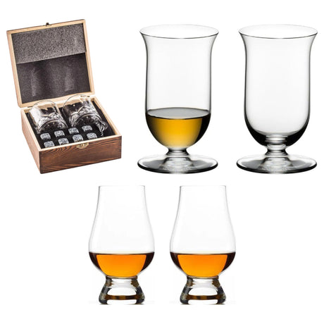 Whiskey Lover's Glassware Set — Riedel Single Malt Pair, 2 Glencairn Glasses, Wooden Box, 2 Tumblers & Whiskey Stones