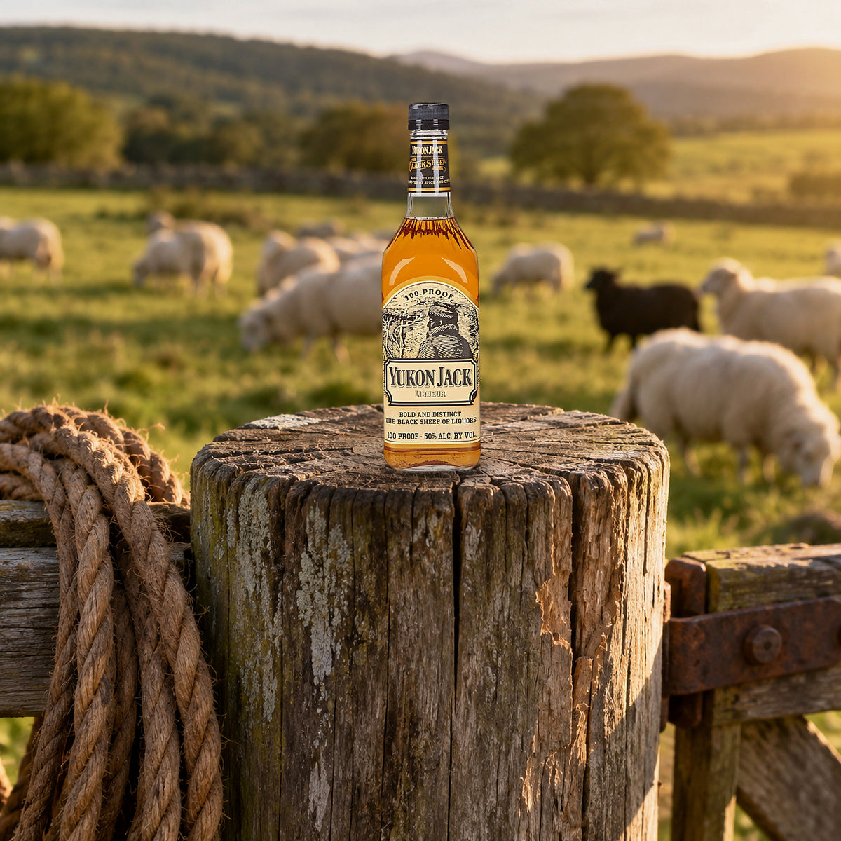 Yukon Jack Original Liqueur sheep pasture gate - Liquor Geeks