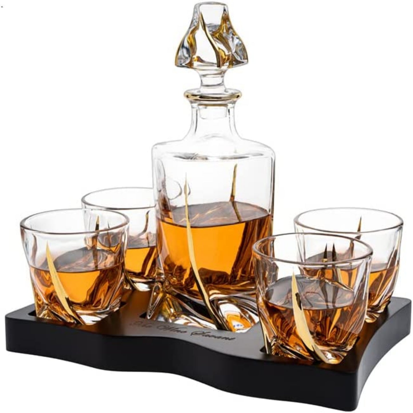 European Style Gold Wine & Whiskey Gold Twist Spiral Decanter 855ml with 4 Glasses & Wood Tray Set by The Wine Savant - Liquor Geeks