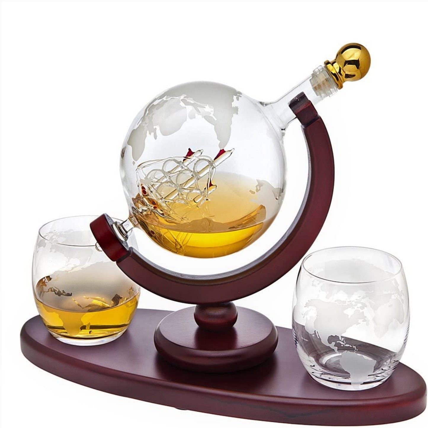 Whiskey Decanter Globe Set with 2 Etched Whiskey Glasses - Liquor Geeks